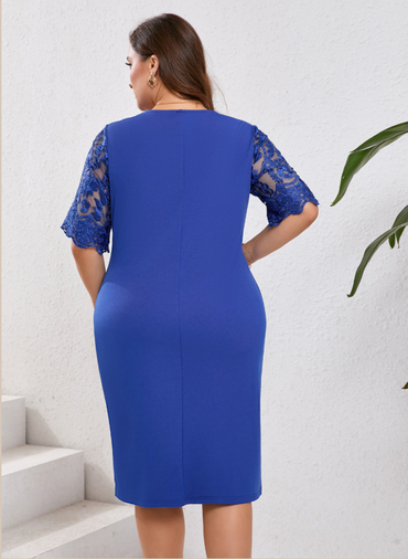 Rochie eleganta tip creion din dantela si stofa elastica, cu maneci transparente, Andra