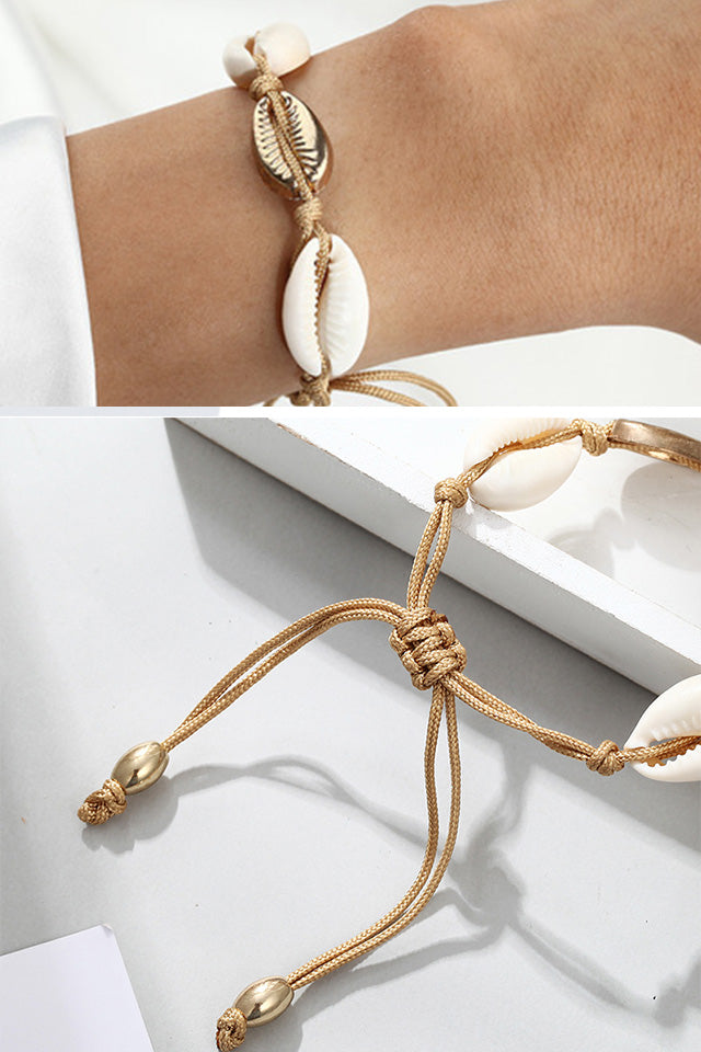 bratara cu snur ajustabila cu scoici albe si aurii