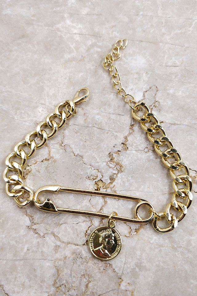 bratara de femei, bratara aurie cu banut vintage