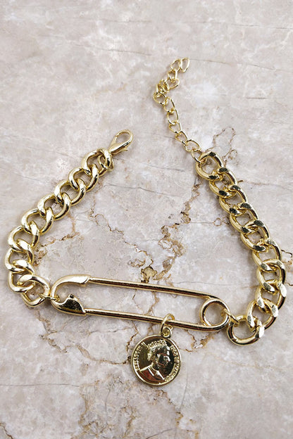 bratara de femei, bratara aurie cu banut vintage